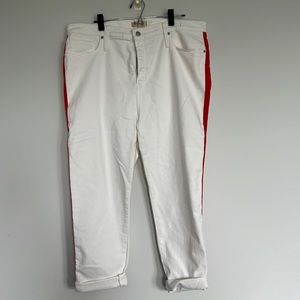 Made well white denim jeans with red ribbon side stripe. Size 35 waist. NWT